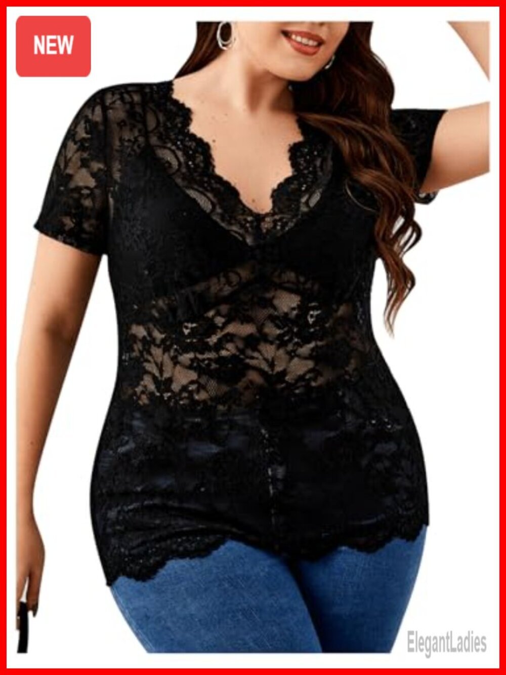Women's Plus Size V Neck Lace Mesh Short Sleeve Blouse Top